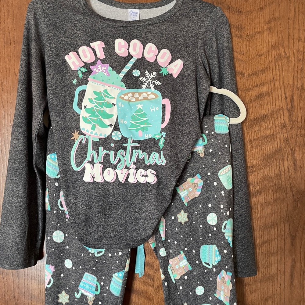 Charcoal Pajama Set with Hot Cocoa Graphic and Winter Patterns